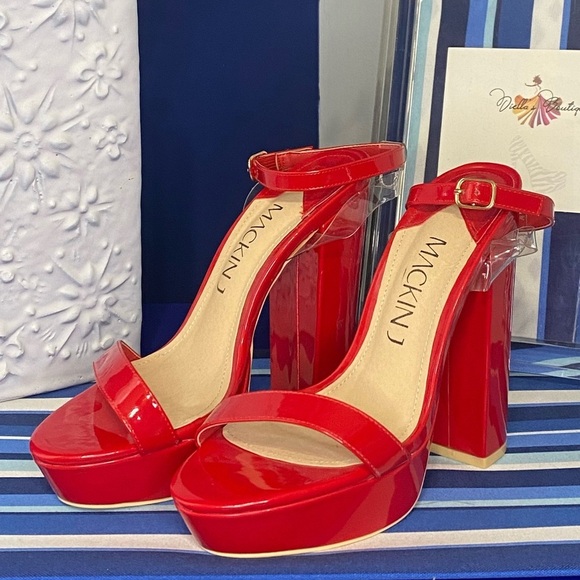 Red patent chunky platform ankle strap high heel sandals Mackin J sz 10 - Picture 3 of 11